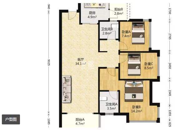 美的翰城  3室2厅2卫   96.80万室内图