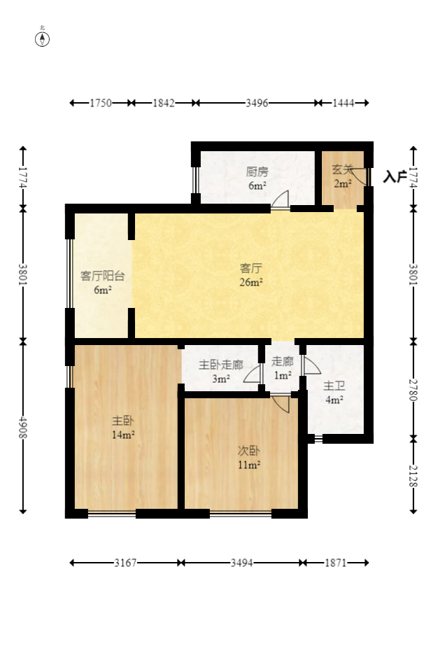 博林金谷  2室2厅1卫   2400.00元/月户型图