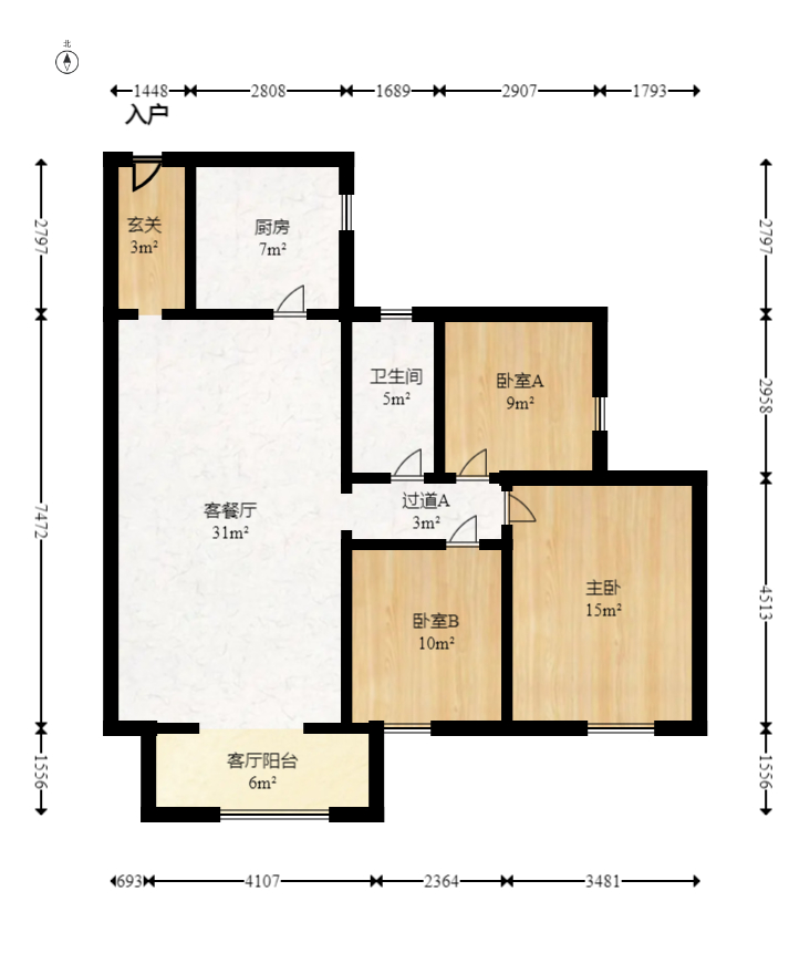 莱茵城 3室2厅1卫 2200.0元/月 莱茵城 3室2厅1卫 2200.0元/月户型图