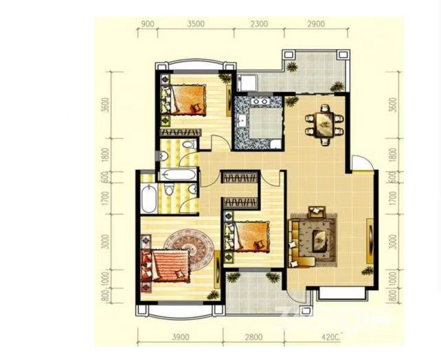 中天会展城B区  3室2厅2卫   3300.00元/月室内图1