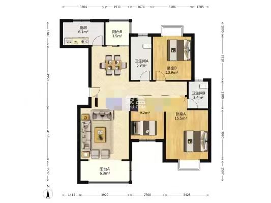 龙腾国际 3室2厅1卫 60.0万 龙腾国际 3室2厅1卫 60.0万室内图