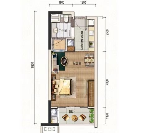 五洲锦城  1室1厅1卫   1500.00元/月户型图