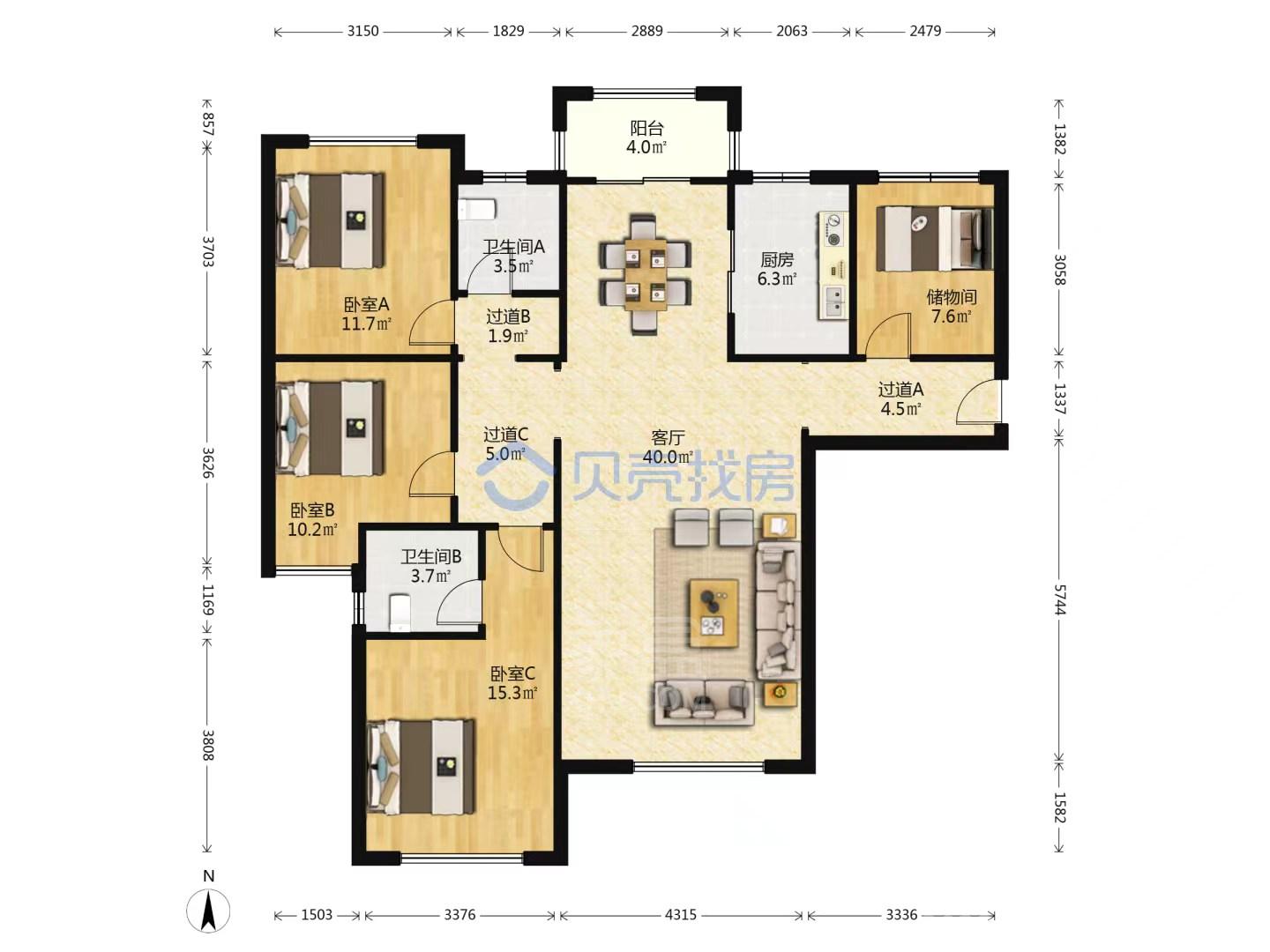 长房湘江府  3室2厅2卫   2000.00元/月室内图1