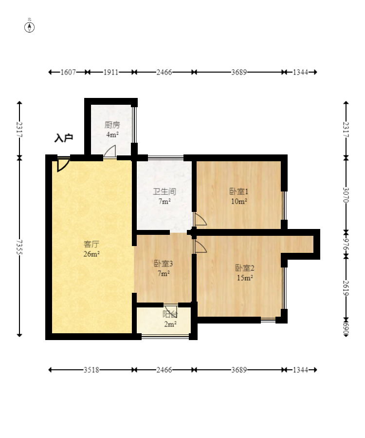 滨江君悦香邸  2室2厅1卫    100.0万室内图1
