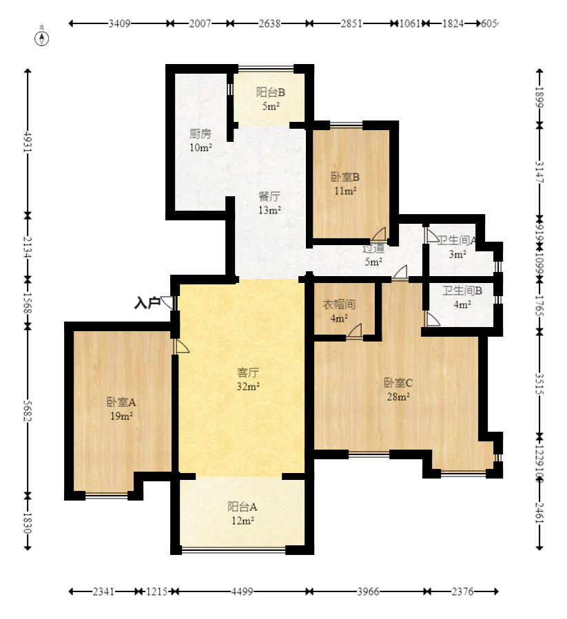 藏珑湖上国际花园  4室2厅2卫   377.00万室内图1