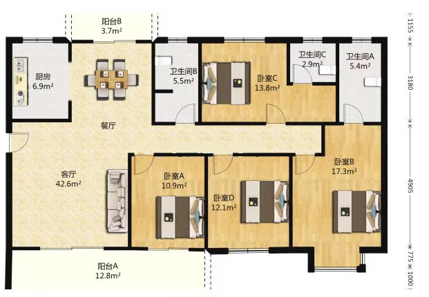 中建江湾壹号 4室2厅2卫 113.0万 中建江湾壹号 4室2厅2卫 113.0万室内图