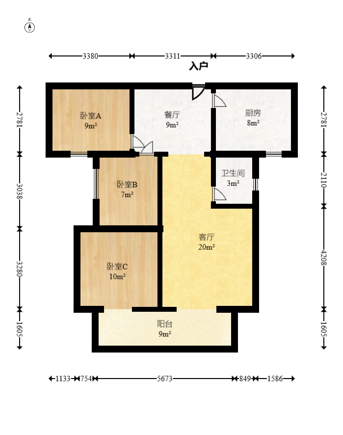 华府壹航线  3室2厅1卫   80.00万室内图1