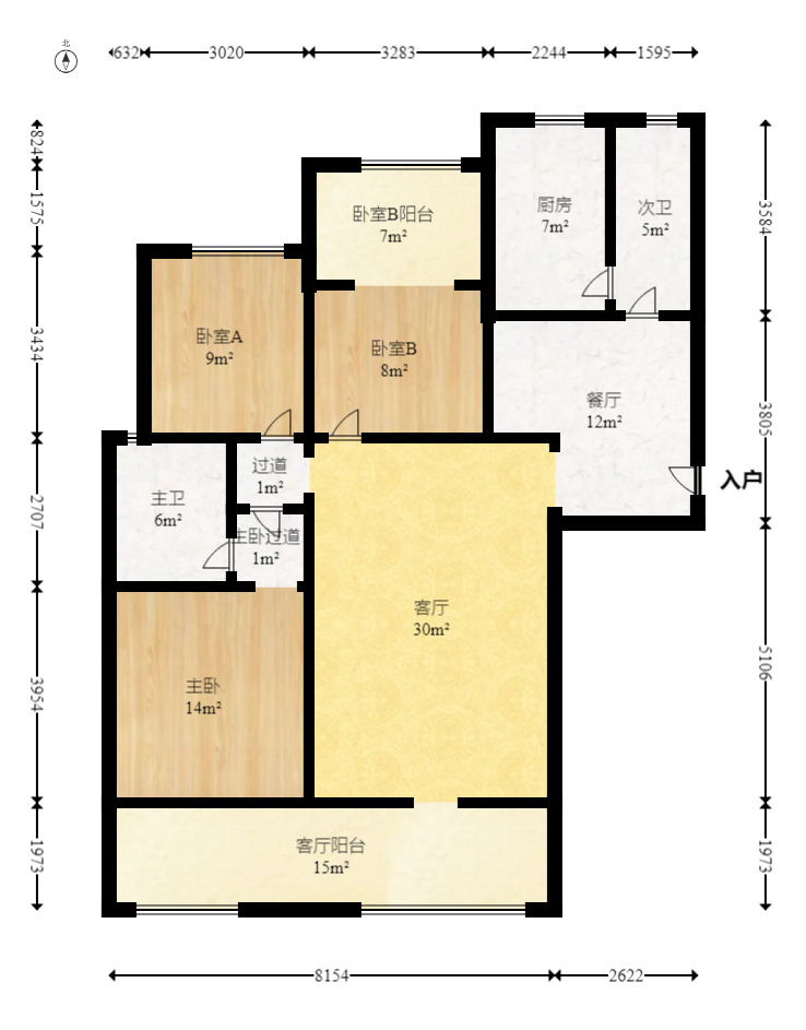 八方小区B区  3室2厅2卫   523.00万室内图1