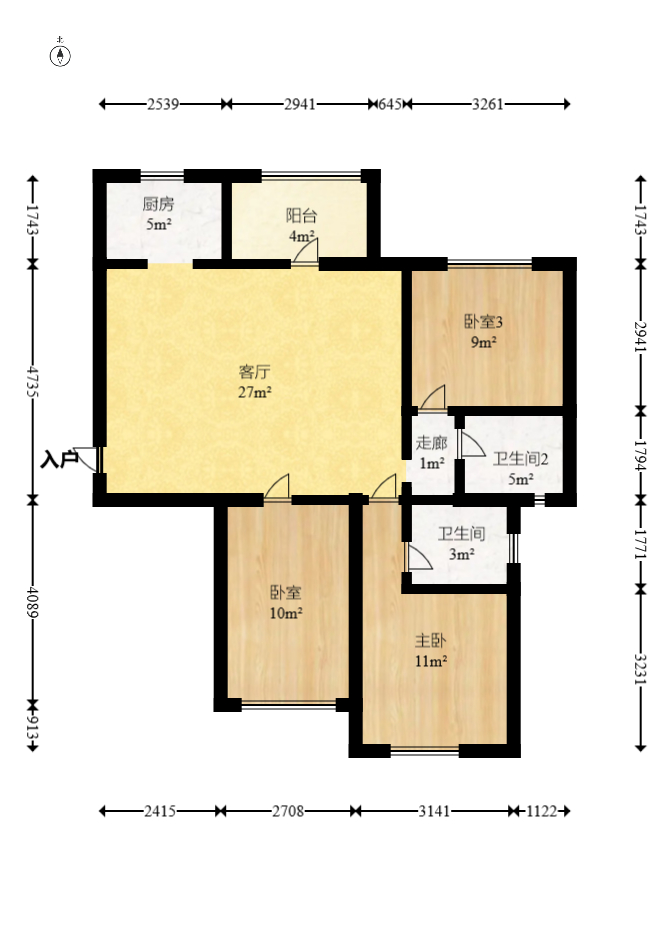 东方美地  3室2厅2卫    73.8万室内图1