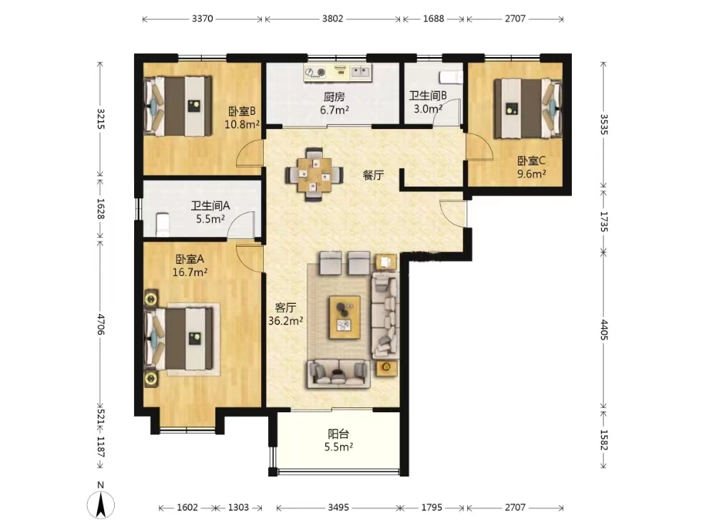 中铁建万科翡翠  3室2厅2卫   4200.00元/月室内图1