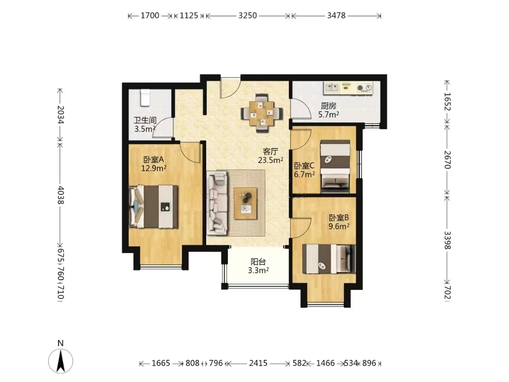 中铁建万科翡翠  3室2厅1卫   3200.00元/月室内图1