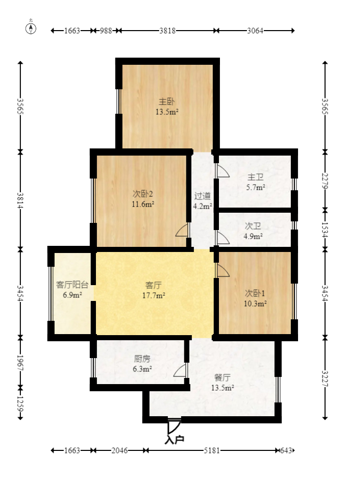 珠江郦城公园1号  3室2厅2卫   158.00万室内图1
