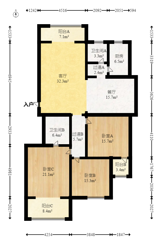 星城雅郡 3室2厅2卫 65.0万 星城雅郡 3室2厅2卫 65.0万户型图