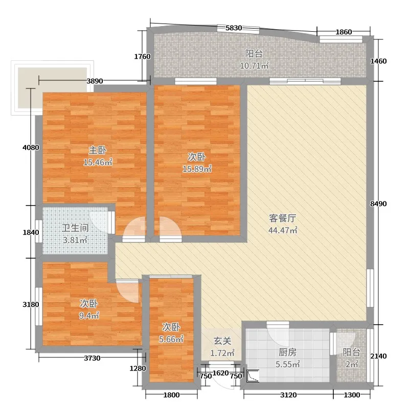 皇城御园  3室2厅2卫   1300.00元/月户型图