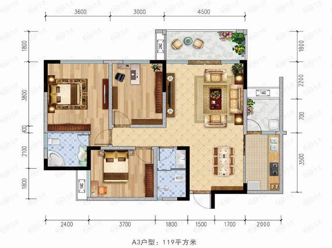 雅士林湘苑一期  3室2厅2卫   2500.00元/月户型图