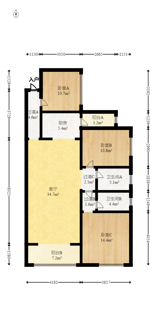 润和又一城  3室2厅2卫   95.60万室内图1