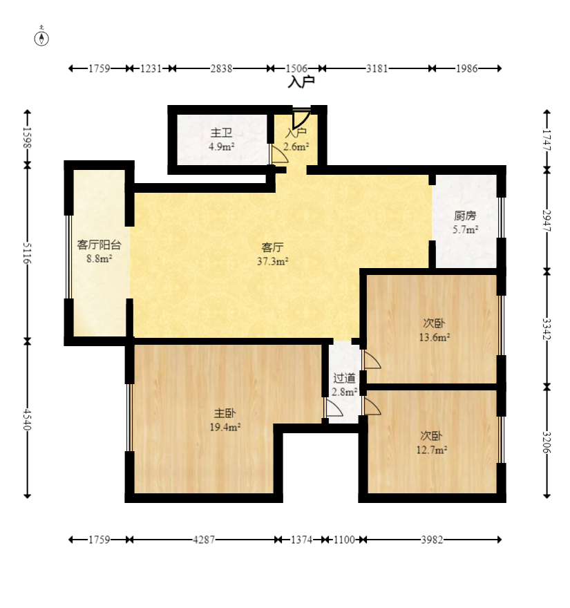 江景阳光  3室2厅2卫   88.00万室内图1
