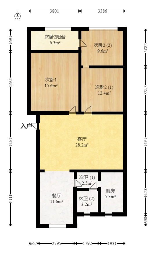 迎龙阁公寓  3室2厅1卫   98.00万室内图1