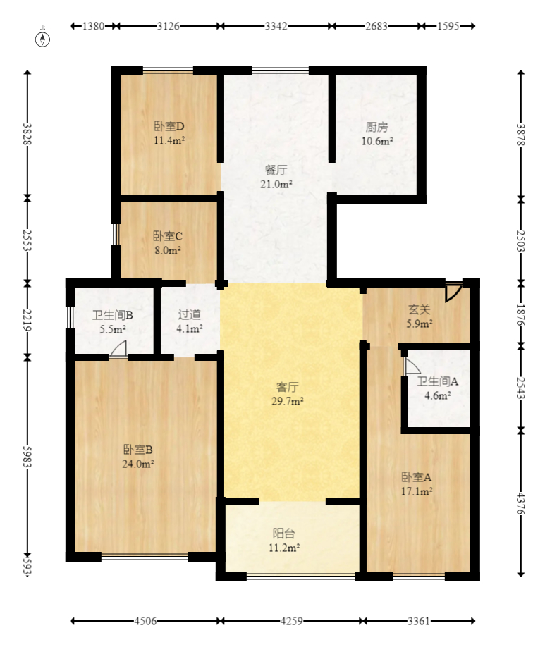 复地崑玉国际一期  4室2厅2卫    309.0万室内图1