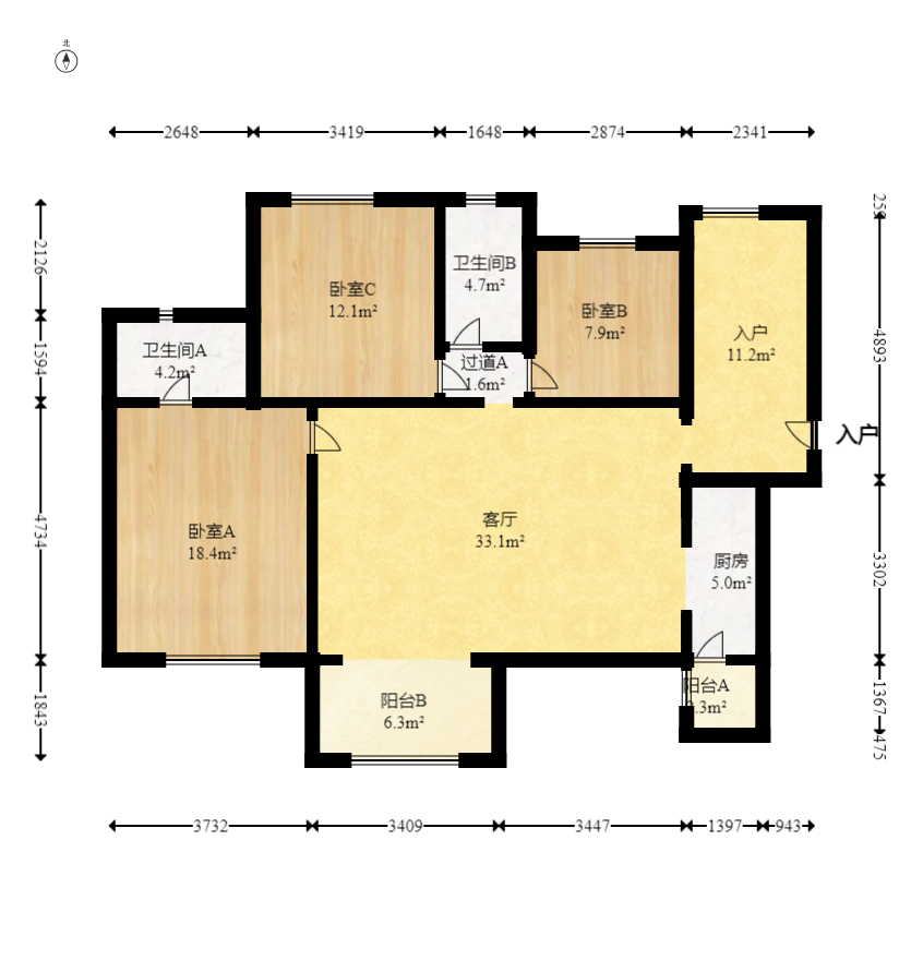 时代倾城二期  3室2厅2卫    124.59万室内图1