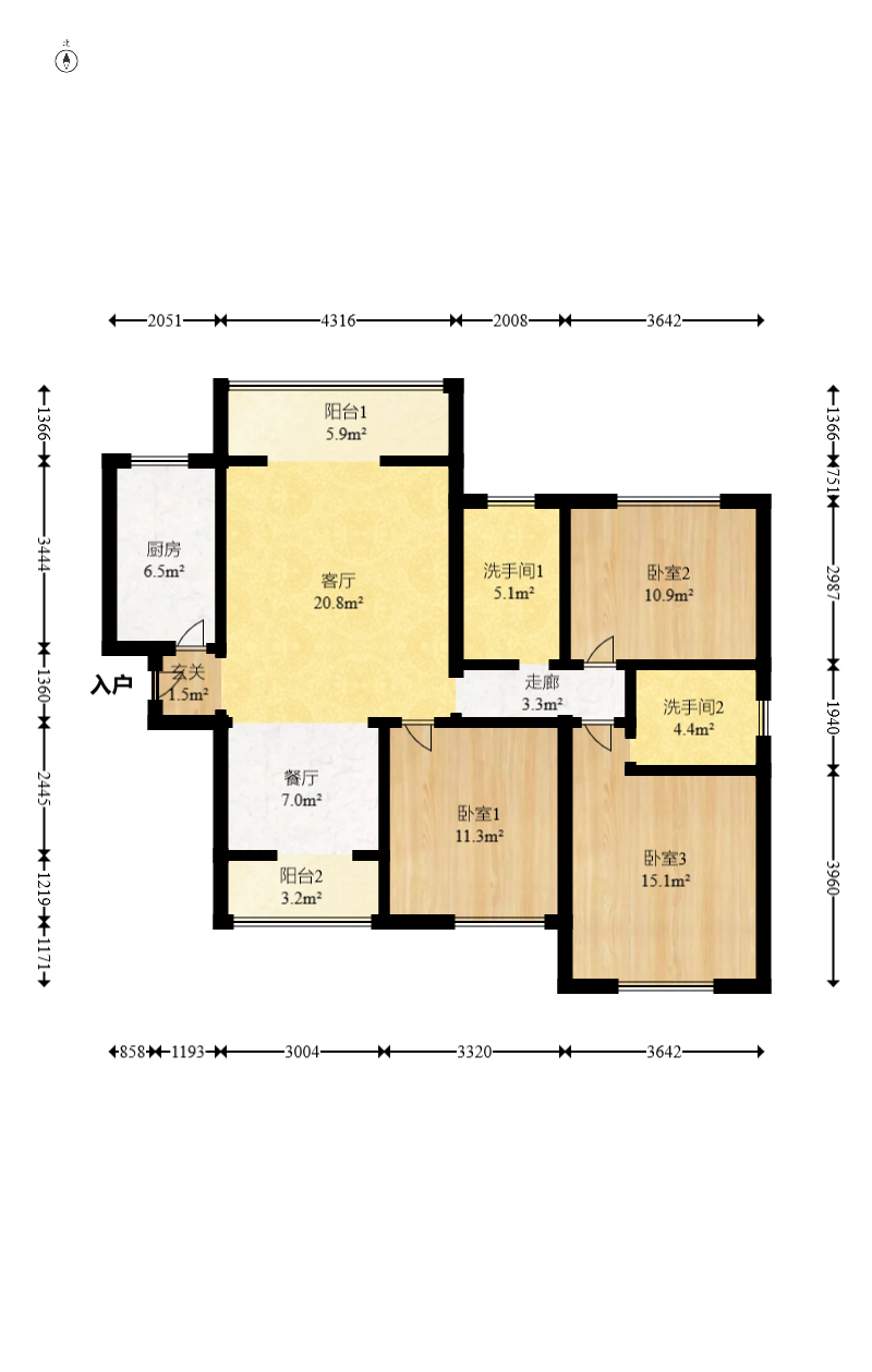 上海城小区  3室2厅2卫   111.00万室内图1