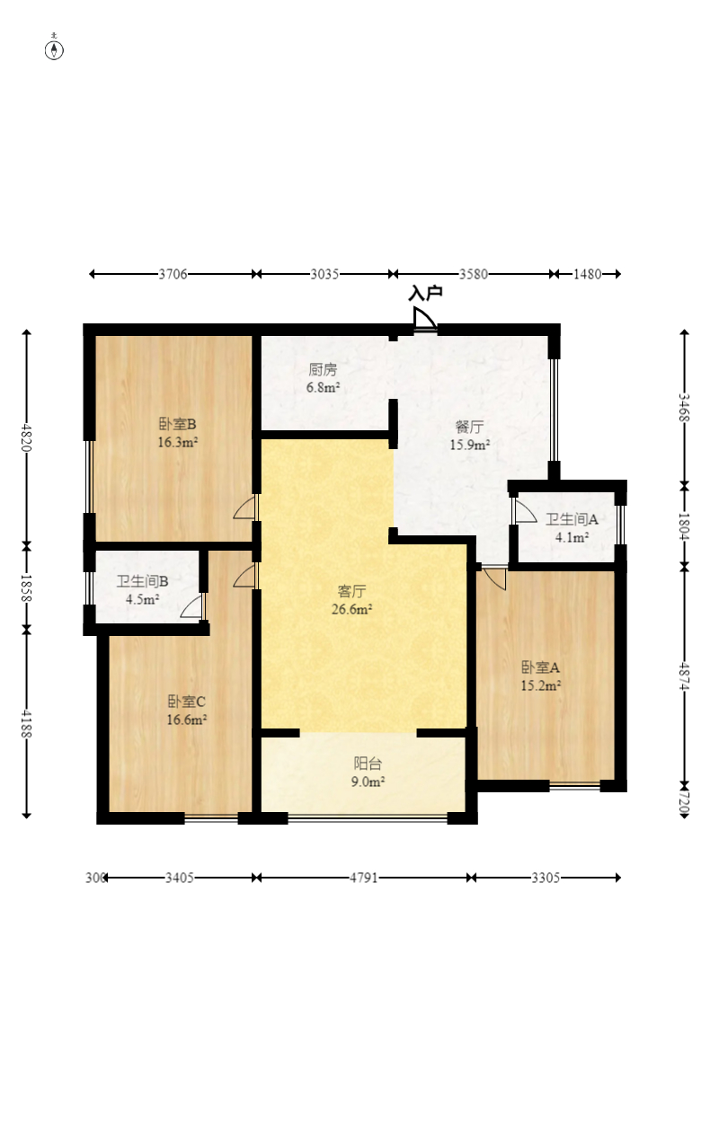 庄园心伽泊  3室2厅1卫   132.00万室内图1
