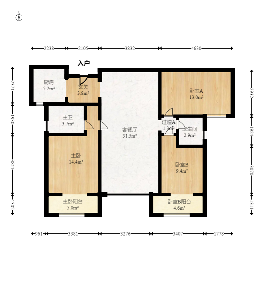 八方小区B区  3室2厅2卫    396.0万室内图1