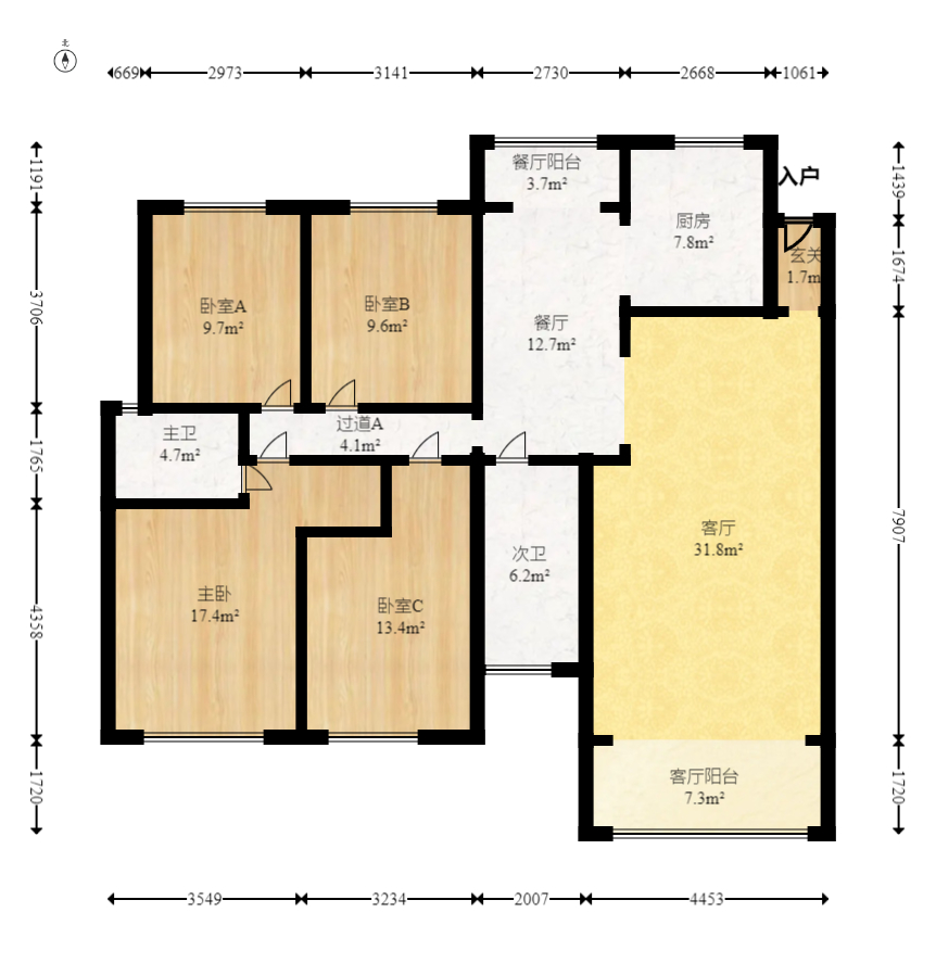 八方小区A区  4室3厅2卫   513.00万室内图1