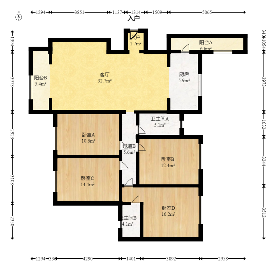 乾源国际  4室2厅1卫    118.5万室内图1