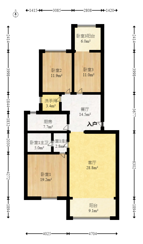 鑫天花园  3室2厅2卫   68.00万室内图1