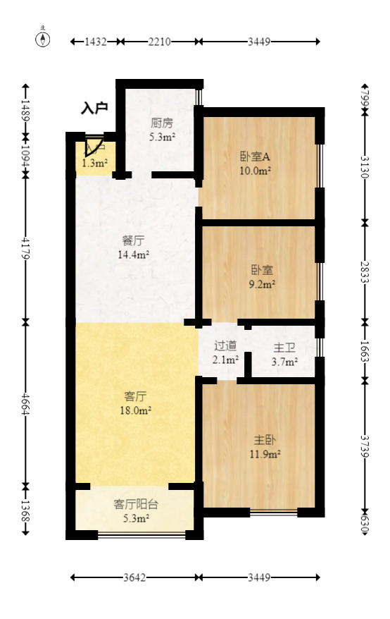 楚天世纪城西苑  3室2厅1卫   87.50万室内图1