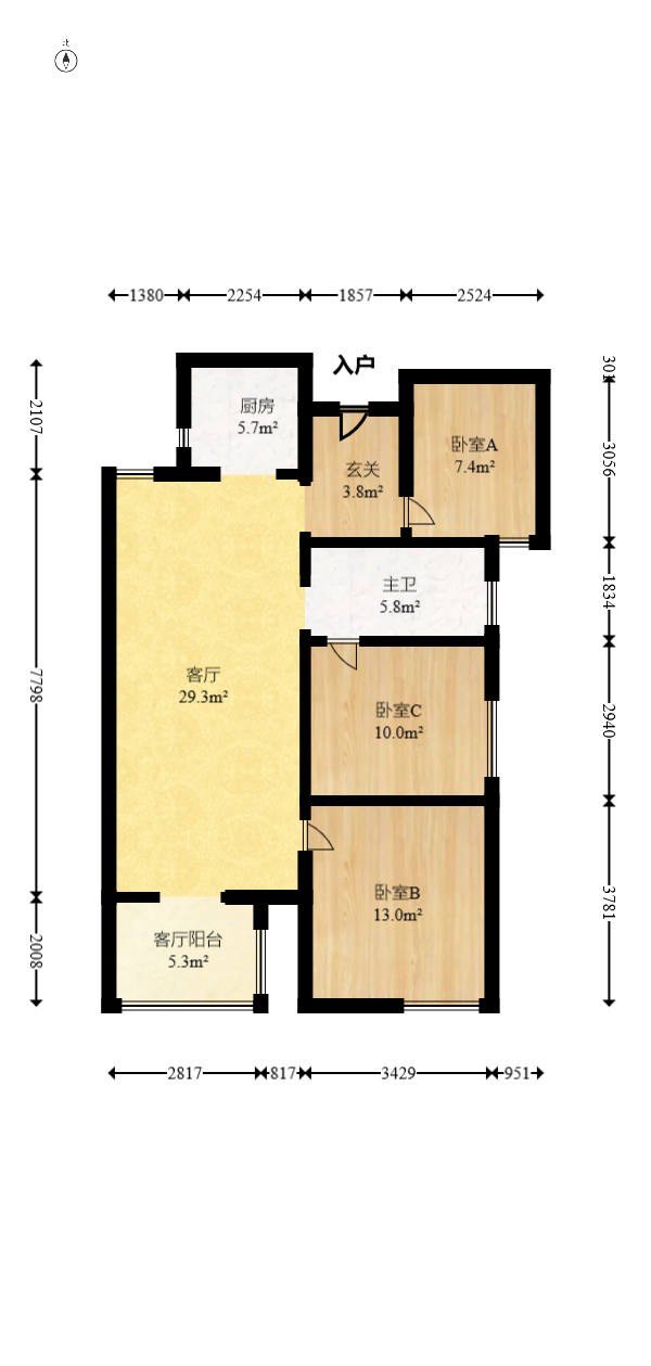 北辰中央公园C区  3室2厅1卫   93.40万室内图1