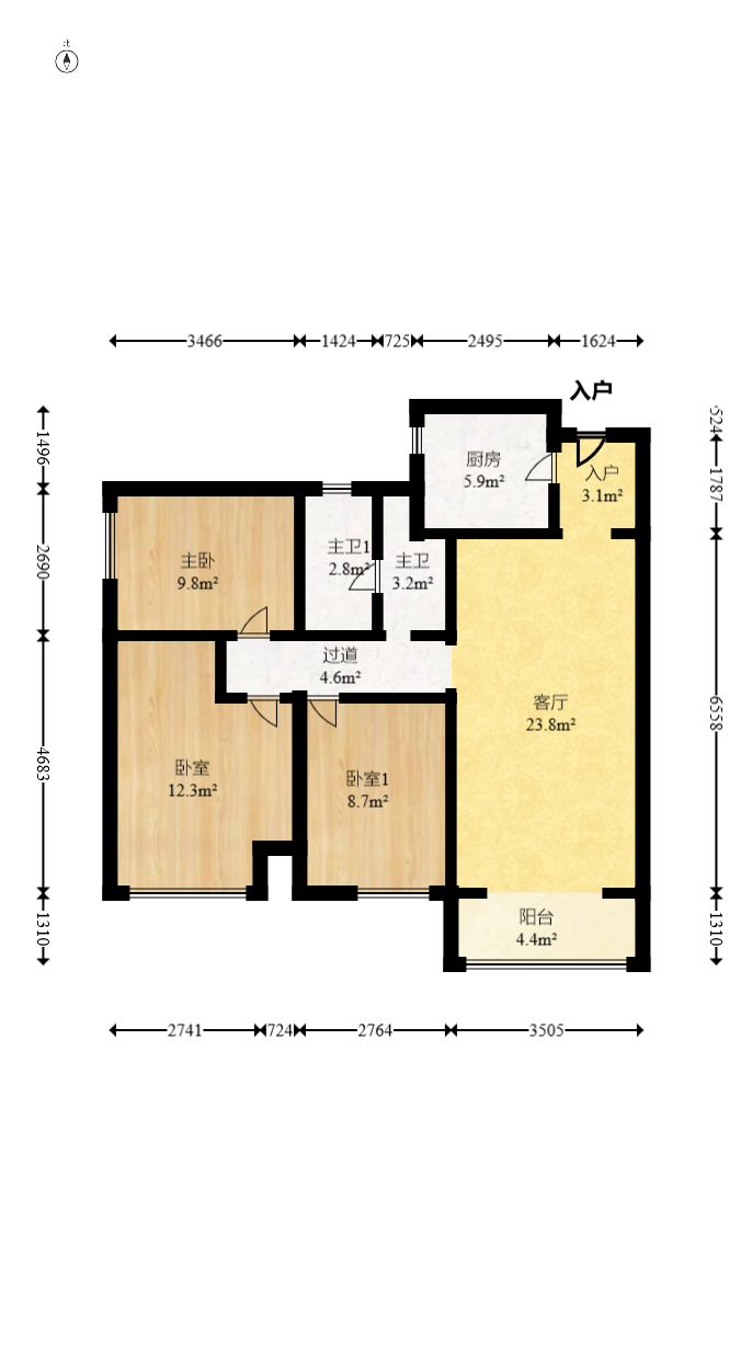 万科金域蓝湾  3室2厅1卫    116.5万室内图1