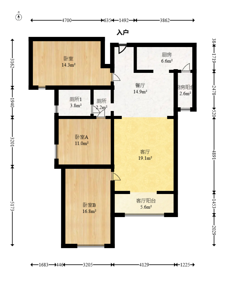 中海国际一期  3室2厅1卫    83.0万室内图1