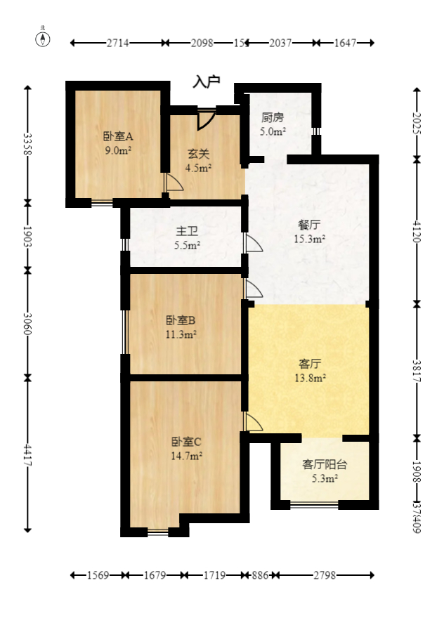 北辰中央公园C区  3室2厅1卫   88.80万室内图1