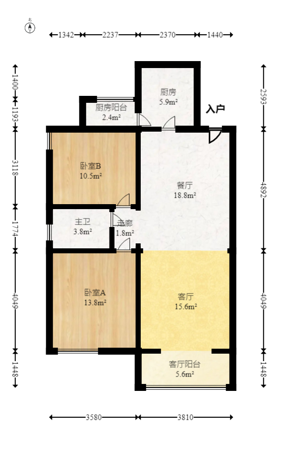 通泰梅岭苑  2室2厅1卫   120.00万室内图1