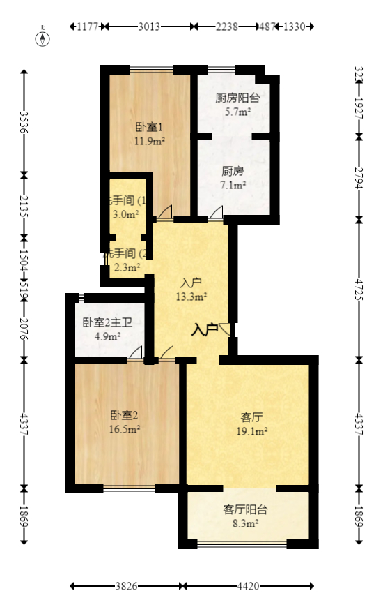 曙光大邸  2室2厅2卫   90.00万室内图1