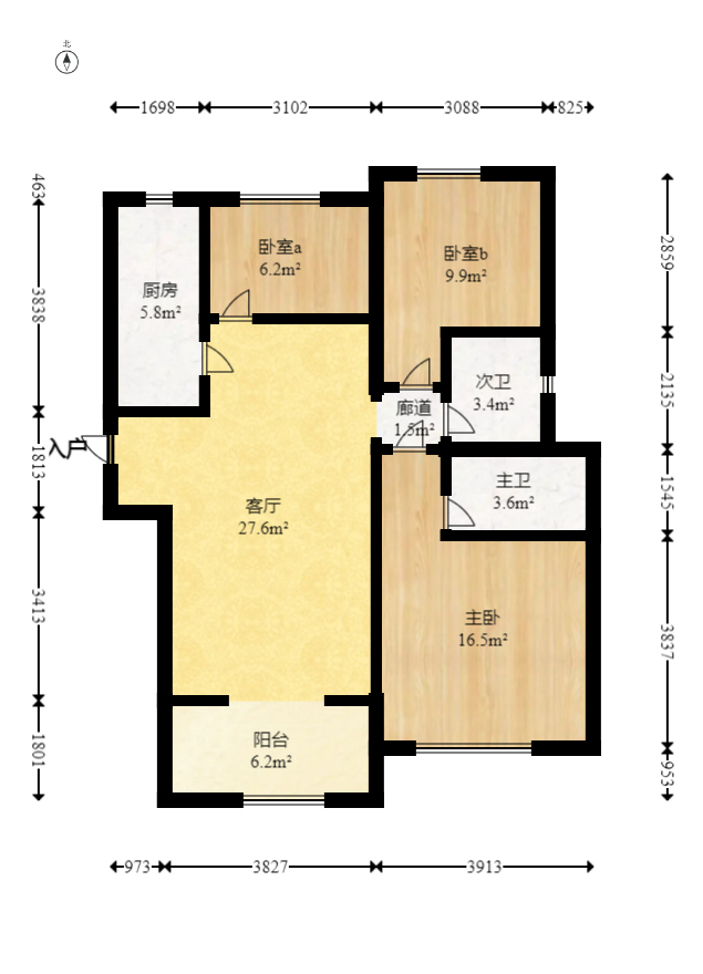 金领公寓（金荣公寓）  3室2厅2卫   69.00万室内图1