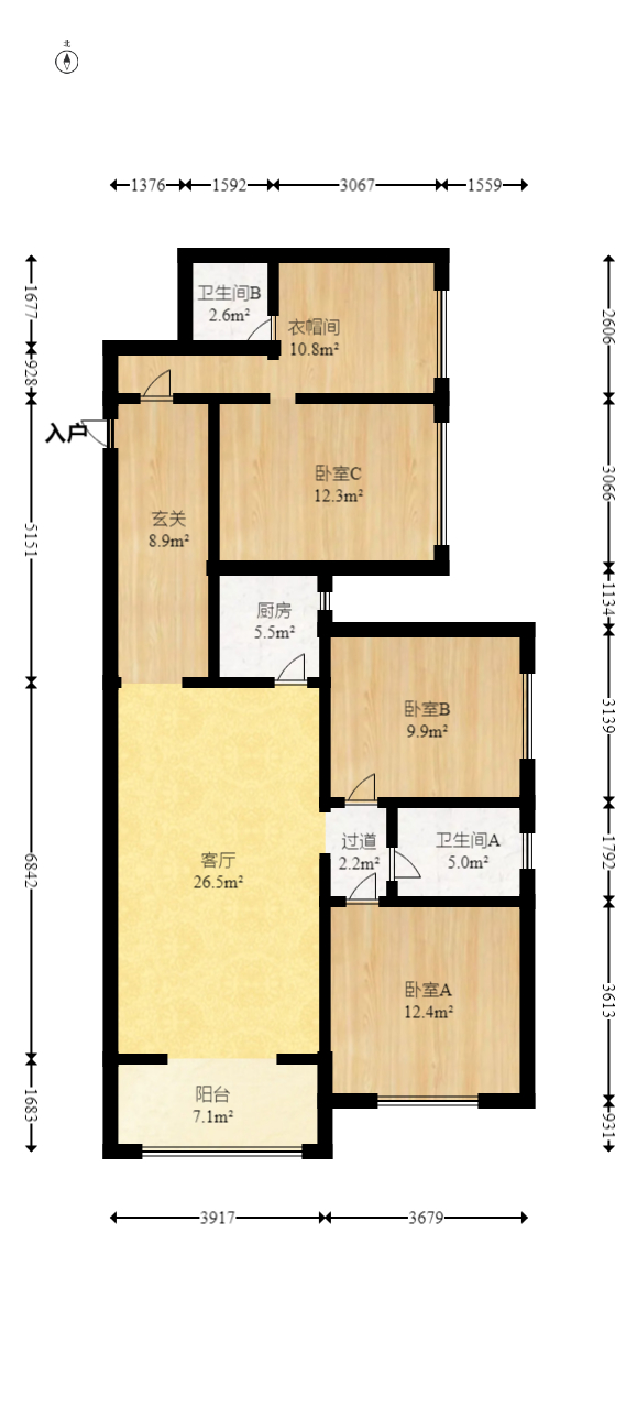 悦湖山  3室2厅1卫    84.0万室内图1