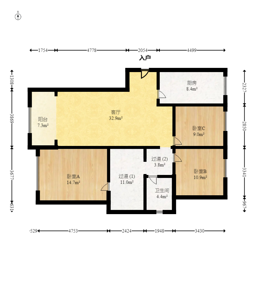 中房F联邦  3室2厅2卫   109.00万室内图1