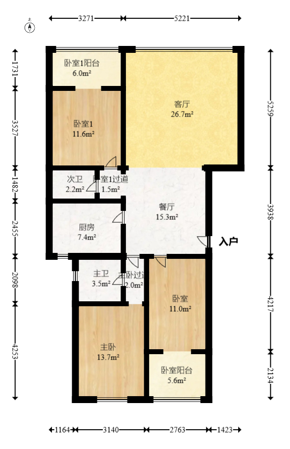 京电花园  3室2厅2卫   119.80万室内图1
