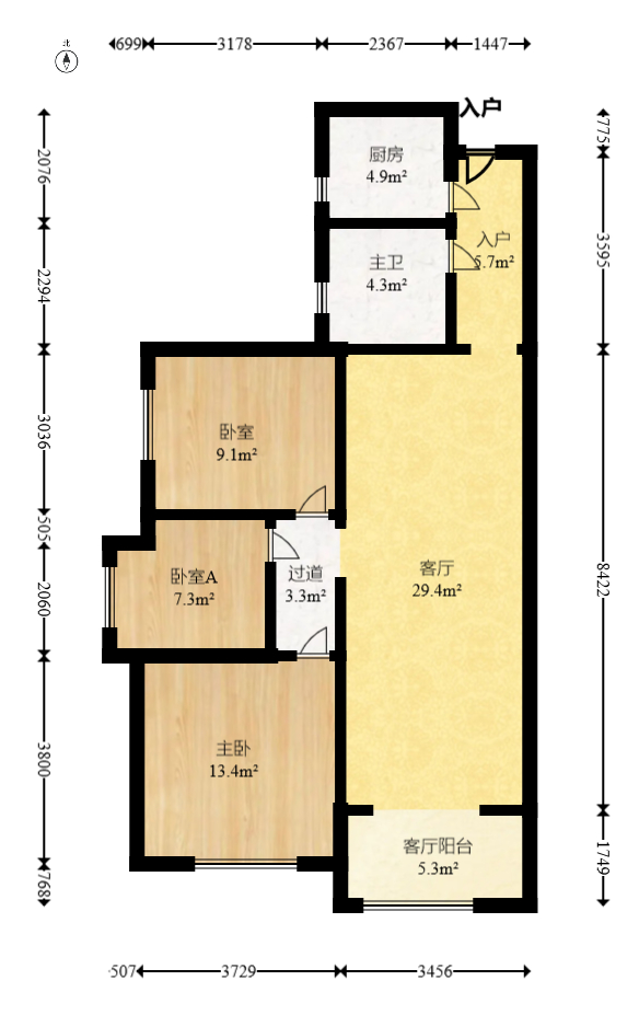 金科时代中心  3室2厅1卫    79.8万室内图1