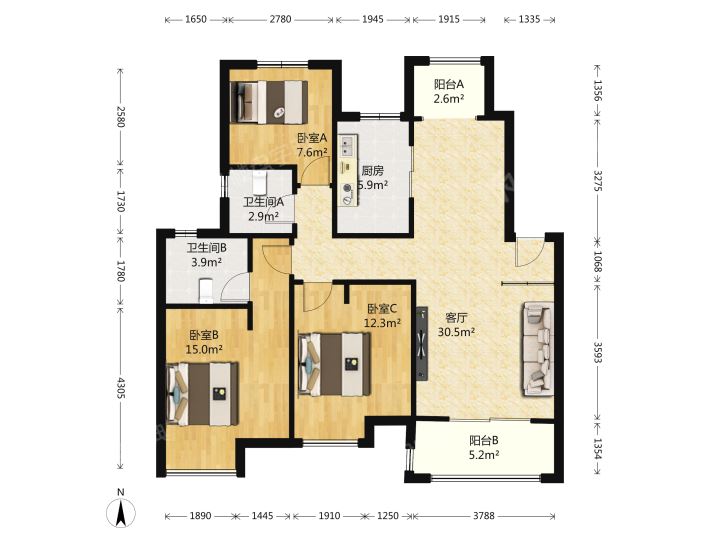 金地艺境  3室2厅1卫   3800.00元/月室内图1