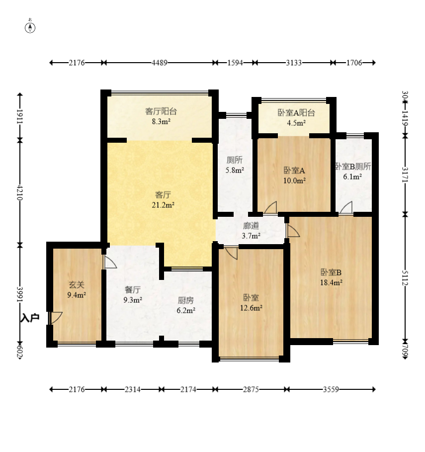 枫华府第  3室2厅1卫    91.0万室内图1