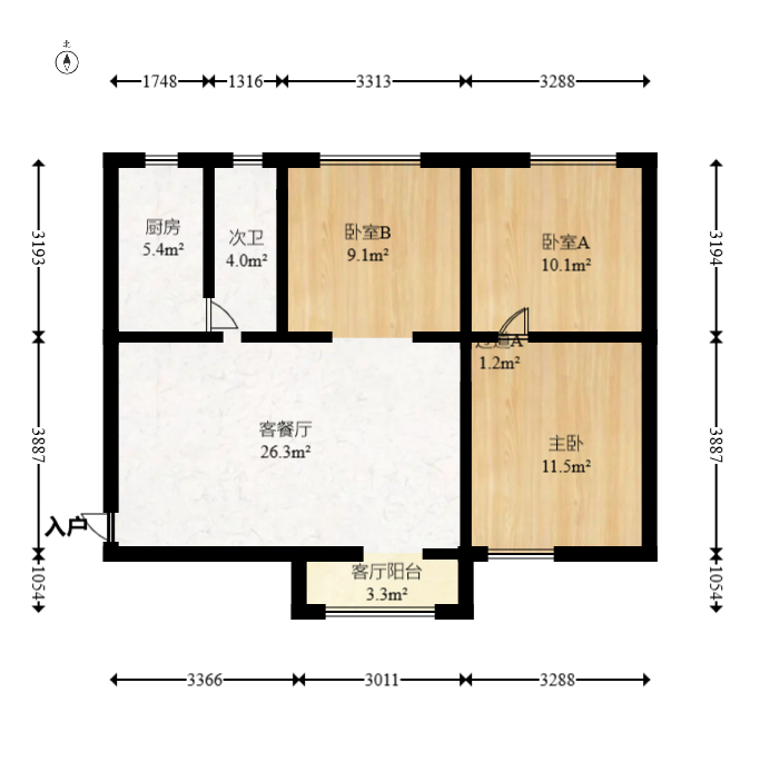 北京御园一二期（国泰嘉园）  3室2厅1卫   114.50万室内图1