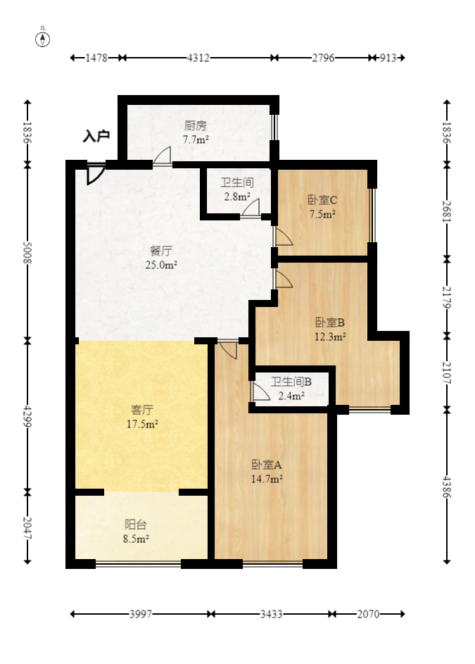 中建梅溪湖中心  3室2厅2卫    160.0万室内图1