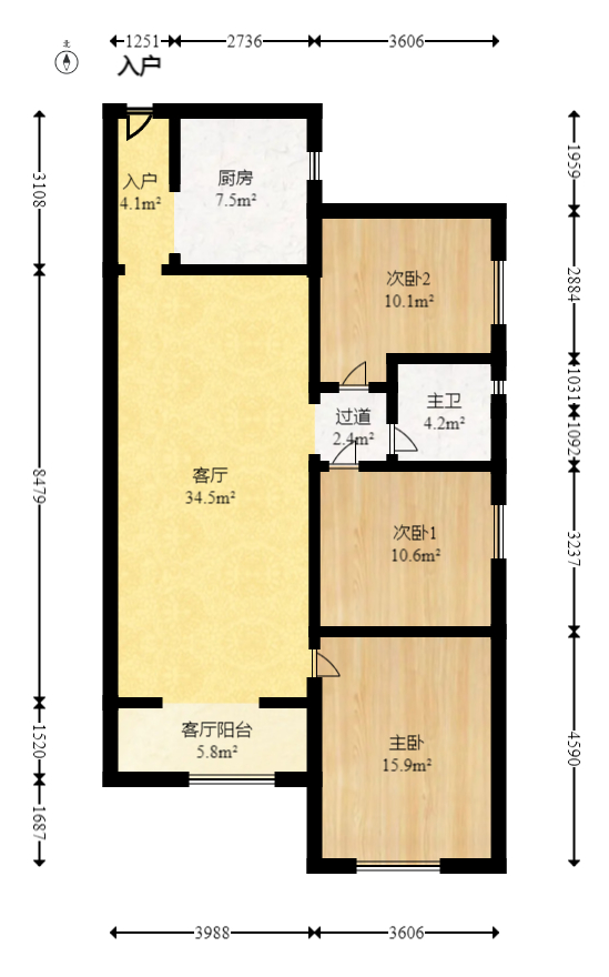 万科城  2室2厅1卫   100.00万室内图1