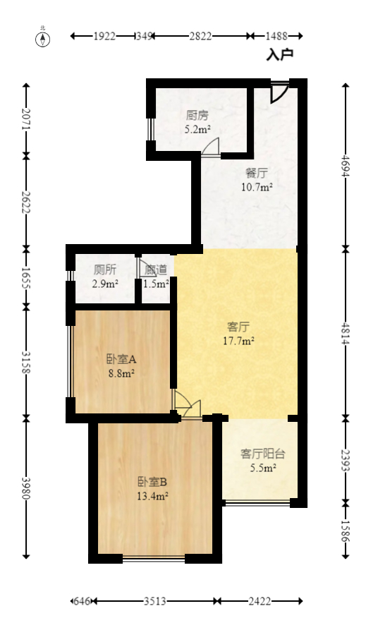 合能洋湖公馆  3室2厅1卫   114.00万室内图1