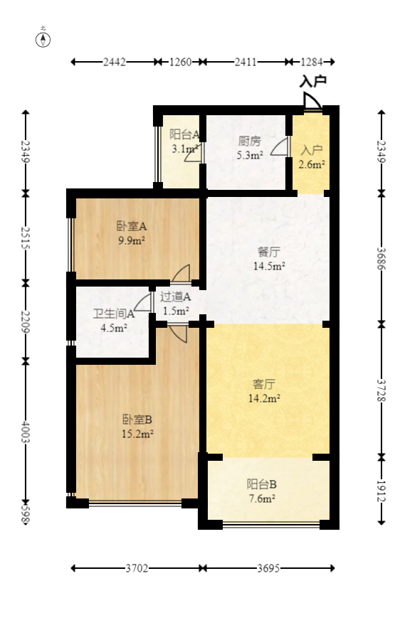 恒大名都  2室2厅1卫    42.8万室内图1