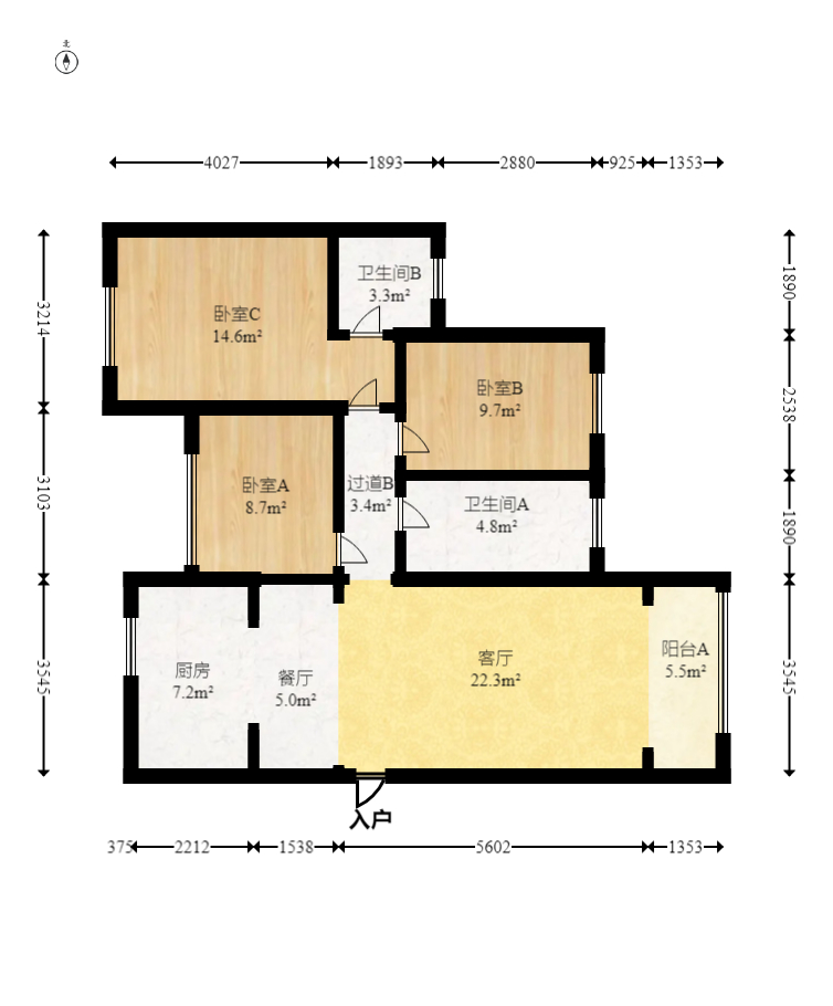 乾源国际  3室2厅2卫    65.0万室内图1